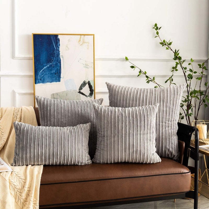 UGS UGASA UGASA Pack of 2, Velvet Pillow Covers Striped, Soft Textured Throw Cushion Case Set, Accent Corduroy Lumbar Pillowcases with Hidden Zipper for Home Decor Indoor Outdoor (12"x20", Light Grey) - Image 4